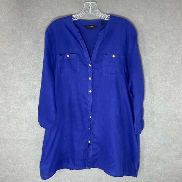 Investments Top Womens Sz L Electric Blue Button Up 100% Linen Blouse Breathable - Picture 1 of 13